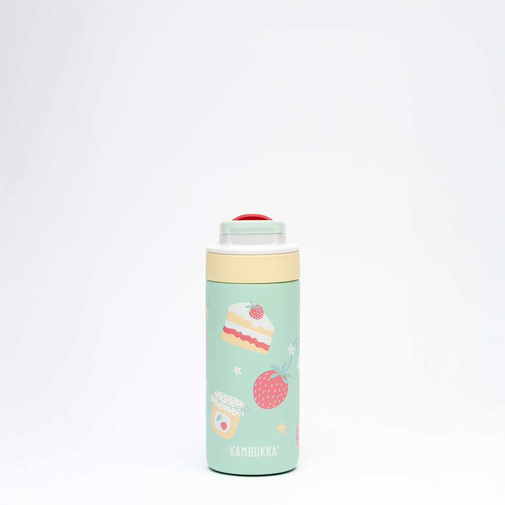 Gourde isotherme enfant Lagoon Insulated 400 ml Picnic Party vue de face, vert menthe avec part de gâteau, fraise et pot de confiture