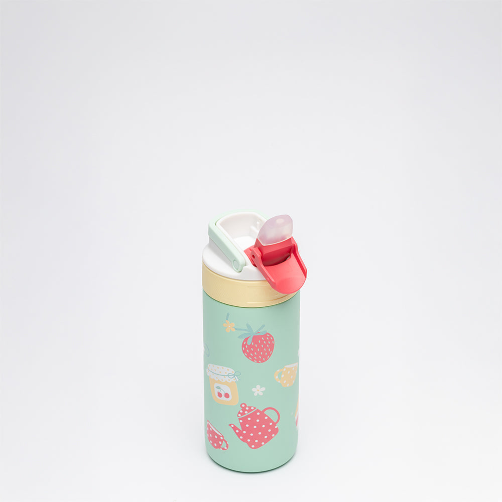 Lagoon Insulated 400 ml Picnic Party bouchon ouvert, paille en silicone relevée sous le clapet rose