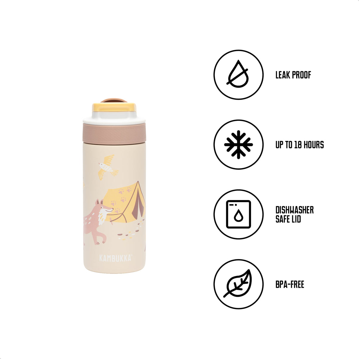 Lagoon Insulated 400 ml Adventure Camp et ses quatre atouts : étanche, fraîche jusqu'à 18 heures, couvercle au lave-vaisselle, sans BPA